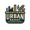 Our Logo features a basket holding a city and pantry food in a green and gold minimal style